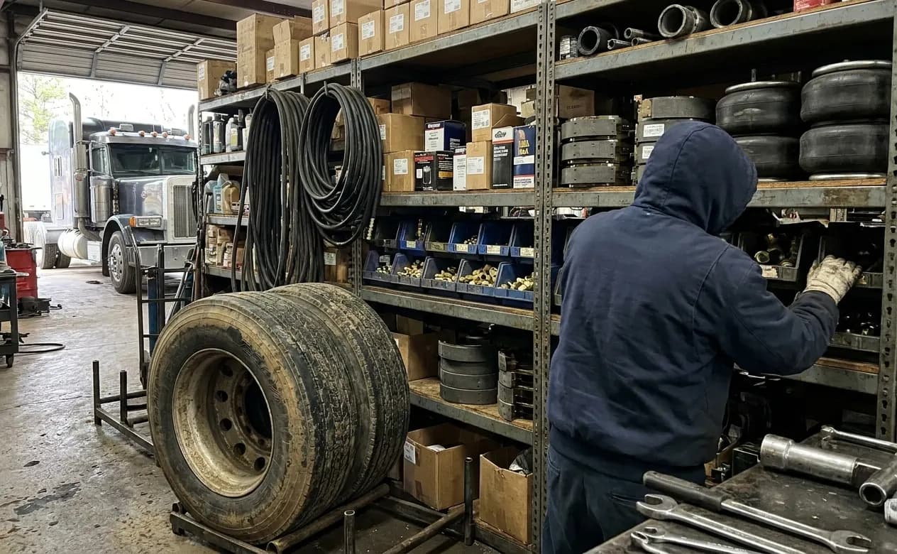 Shelves of truck parts in stock: filters, air hoses, fittings, brake shoes